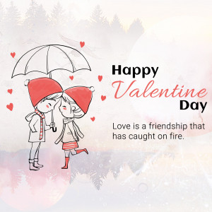 Illustration of a couple under an umbrella with hearts, wishing Happy Valentine's Day.