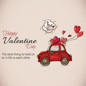 Illustration of a red vintage car carrying heart-shaped balloons with 'Happy Valentine's Day' text.