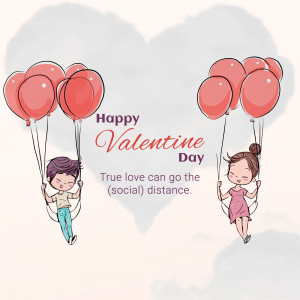 Illustration of a couple holding balloons, celebrating Valentine's Day with a social distancing theme.