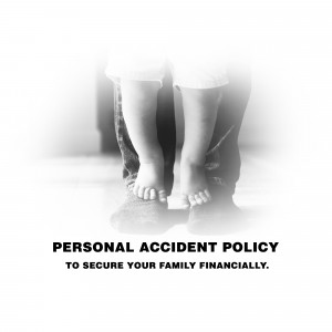 Image depicting a parent and child with text promoting a personal accident policy.