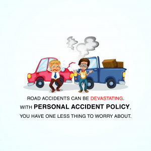 Illustration of a car accident with two men standing near damaged vehicles, promoting personal accident policy.