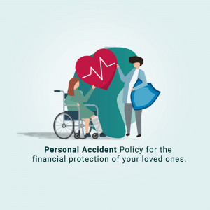 Illustration depicting a person in a wheelchair receiving care with a heart and shield symbol, representing a personal accident policy.