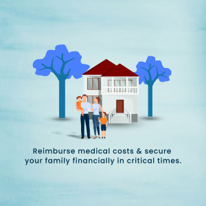 Illustration of a family in front of a house with text about financial security.