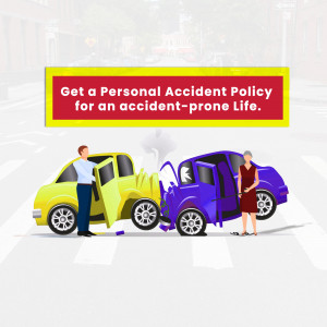 Illustration of a car accident with people standing near damaged vehicles, promoting personal accident insurance.