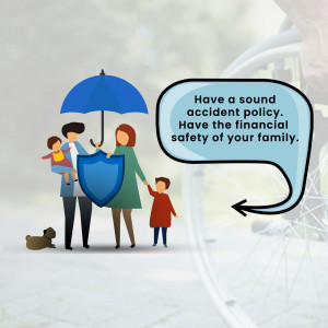 Illustration of a family protected by an umbrella and shield, promoting accident insurance.