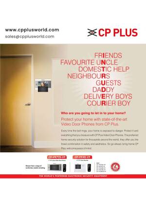 CP Plus Video Door Phone advertisement showing a door with a video intercom and text listing who you might let in.
