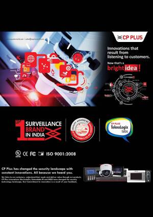 CP Plus surveillance system advertisement featuring a microscope and security icons.