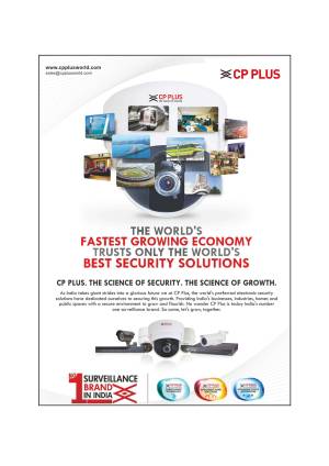 CP Plus advertisement showcasing security camera systems and branding.