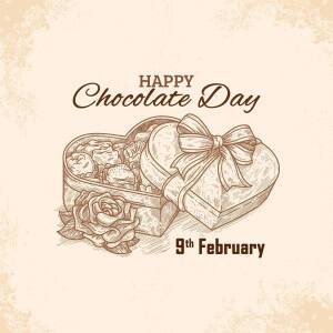 Sketch of a heart-shaped box of chocolates with a rose and text 'Happy Chocolate Day'