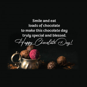 Chocolate truffles and cocoa powder with a 'Happy Chocolate Day' message.