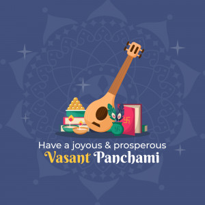 Illustration of a sitar, books, sweets, and a diya with a decorative background for Vasant Panchami