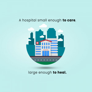 Illustration of a hospital building with a city skyline, promoting compassionate healthcare.