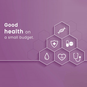 Hexagonal icons representing health and wellness with text 'Good health on a small budget'.