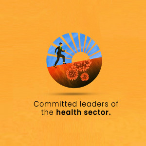 Illustration of a person running towards a sunrise with virus shapes below, representing committed healthcare leaders.