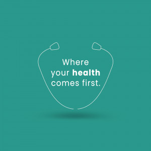 White stethoscope outline with text 'Where your health comes first' on a teal background.