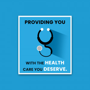 Stethoscope on a blue background with text promoting healthcare services.