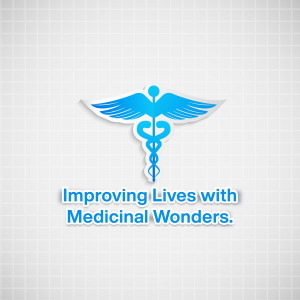 Blue medical logo with caduceus symbol and text 'Improving Lives with Medicinal Wonders'