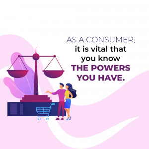 Illustration of scales of justice with a couple and a shopping cart, emphasizing consumer power.