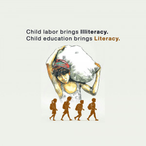 Illustration depicting the impact of child labor on education and literacy.