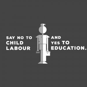 Illustration of a child figure with a backpack advocating for education over child labor.
