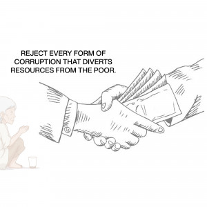 Illustration depicting a hand taking money from another, with a poor person in the background.