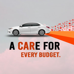 White Toyota Corolla car with a red and orange graphic representing affordability.