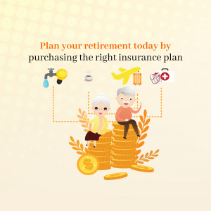 Illustration of an elderly couple sitting on a stack of coins with icons representing retirement needs like healthcare, travel, and financial security.
