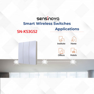 Sensinova Smart Wireless Switch SN-KS3GS2 with application icons for Institute, Home, Offices, and Hotels