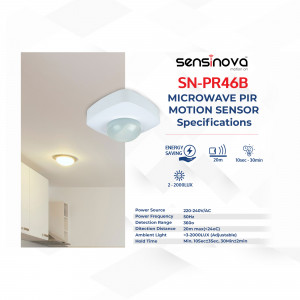 White Sensinova SN-PR46B Microwave PIR Motion Sensor mounted on a ceiling