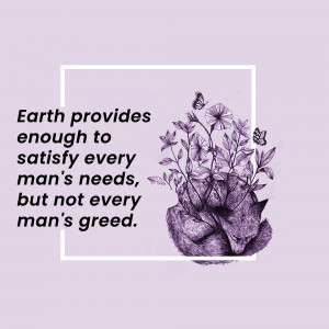 Illustration of a fox formed from mountains and flowers with a quote about needs versus greed.