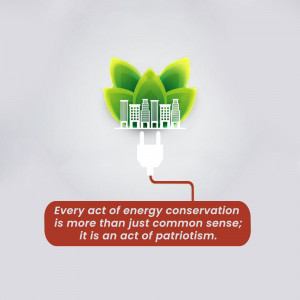 Illustration of a green leaf with a city skyline inside, connected to a power plug, with text promoting energy conservation.