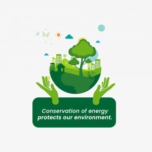 Illustration of a globe held by hands with a city and trees, promoting energy conservation.
