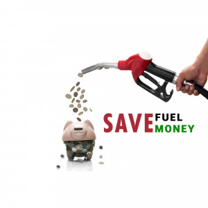 Gas pump pouring coins into a piggy bank, representing saving fuel money.
