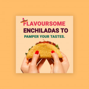 A hand holding an enchilada with red sauce, promoting Flavoursome Enchiladas.