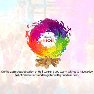 Colorful Holi celebration with bonfire and text