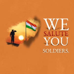 Silhouette of a soldier saluting the Indian flag against a sunset backdrop with the text 'We Salute Soldiers'.