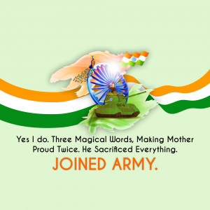 Image depicting Indian flag, eagle, and a tank with text celebrating Indian Independence and honoring the army.