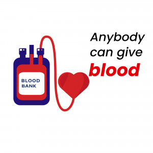 Illustration of blood bags connected to a heart with the text 'Anybody can give blood'
