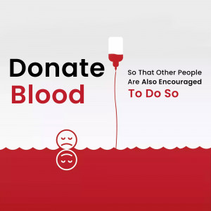 Image promoting blood donation with a blood drop and sad faces.