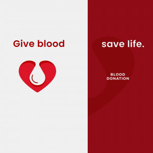 Image promoting blood donation with a heart and blood drop design.