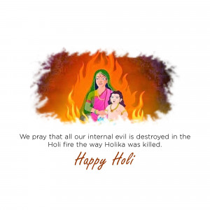 Image depicting Holika Dahan with a woman and child, and text wishing Happy Holi.