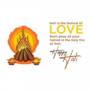 Holi bonfire with text 'Love' and 'Happy Holi'