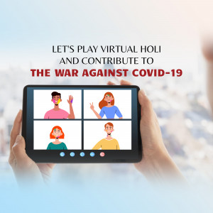 Image of a hand holding a tablet displaying a virtual Holi celebration with people on a video call.