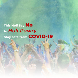 Image promoting COVID-19 safety during Holi celebrations.