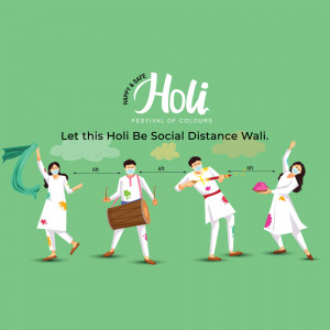 Illustration of people celebrating Holi while maintaining social distance.