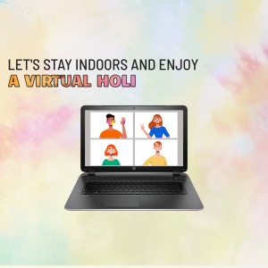 Laptop displaying a virtual Holi celebration with people on a video call.