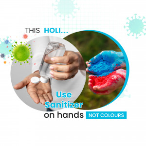 Image depicting hands with sanitizer and Holi colors, promoting hygiene during the festival.