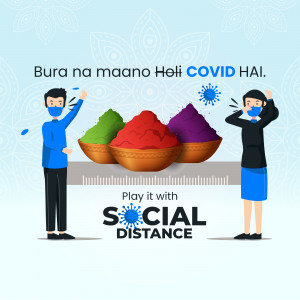 Illustration of people celebrating Holi with social distancing during the COVID-19 pandemic.