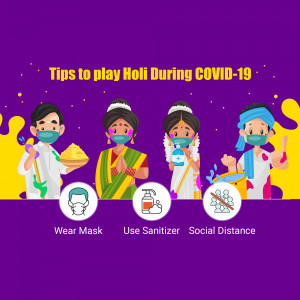 Illustration of people celebrating Holi while following COVID-19 safety guidelines.
