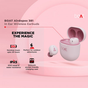 Pink boAt Airdopes 381 wireless earbuds with charging case